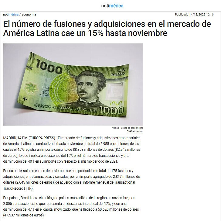 El nmero de fusiones y adquisiciones en el mercado de Amrica Latina cae un 15% hasta noviembre